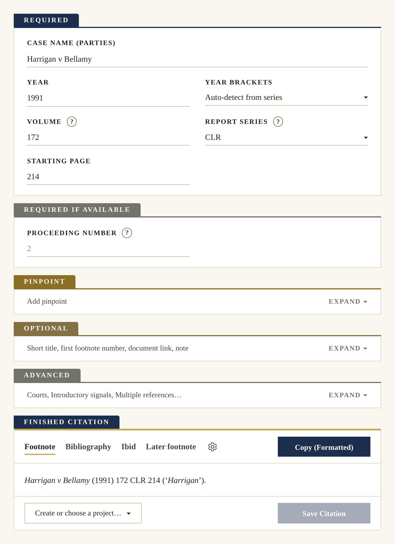 The whole Pincite generator for a reported case: the Required plate filled in, then the Pinpoint, Optional and Advanced plates, and at the foot the finished citation with its Footnote, Bibliography, Ibid and Later footnote tabs.