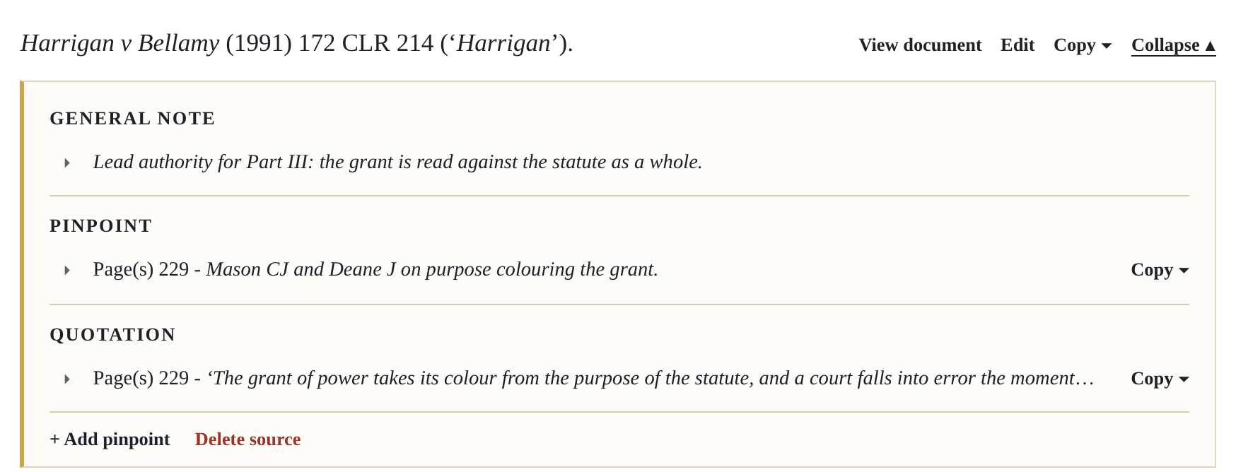 One saved case opened in a Pincite project, close up: a general note on the source, a page pinpoint with its own note, and a quotation with its page, each filed under the case.