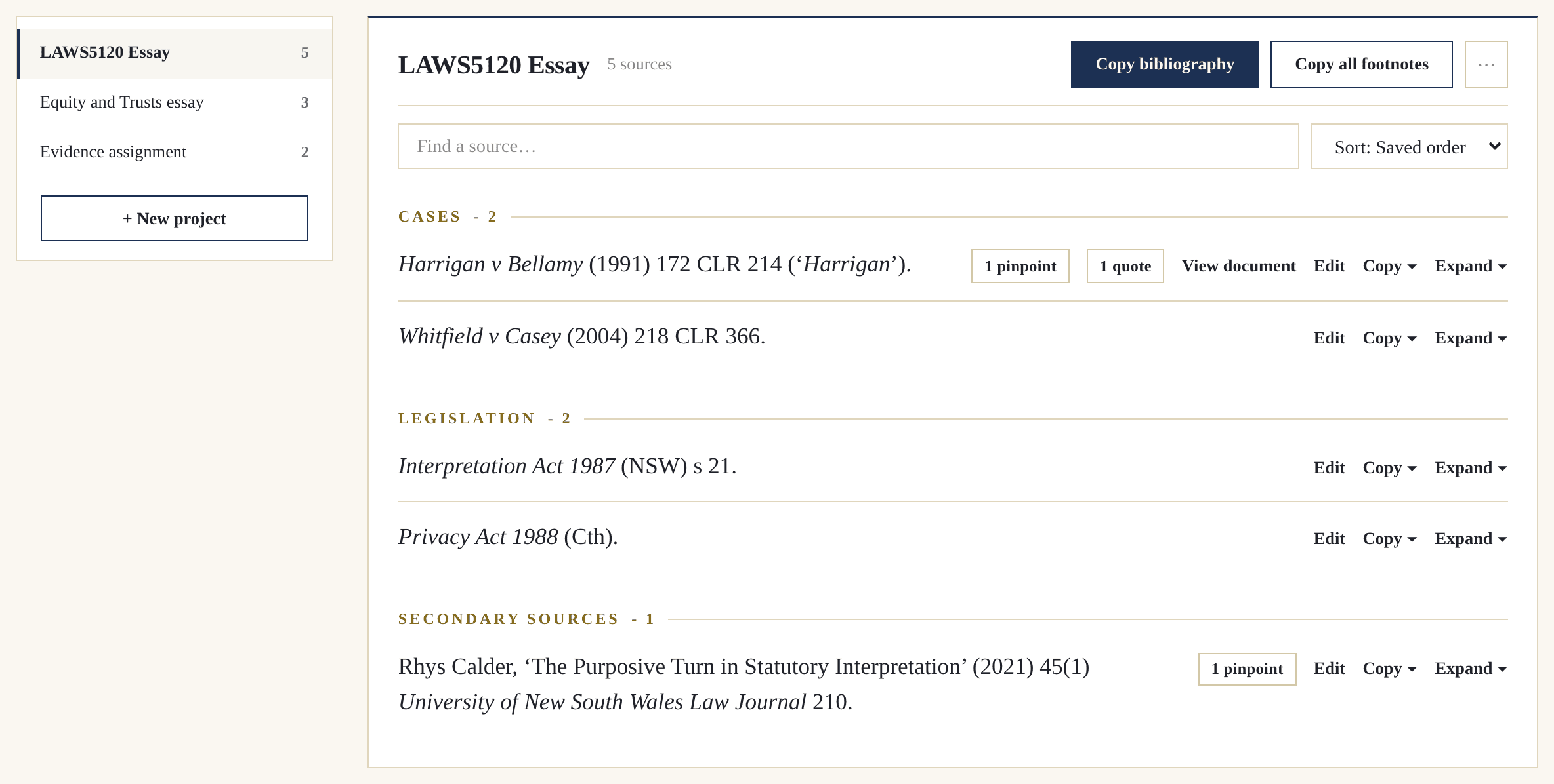 The Pincite projects workspace: a rail of assignments beside the open project's saved sources, grouped under Cases, Legislation and Secondary Sources, with Copy bibliography and Copy all footnotes at the top.