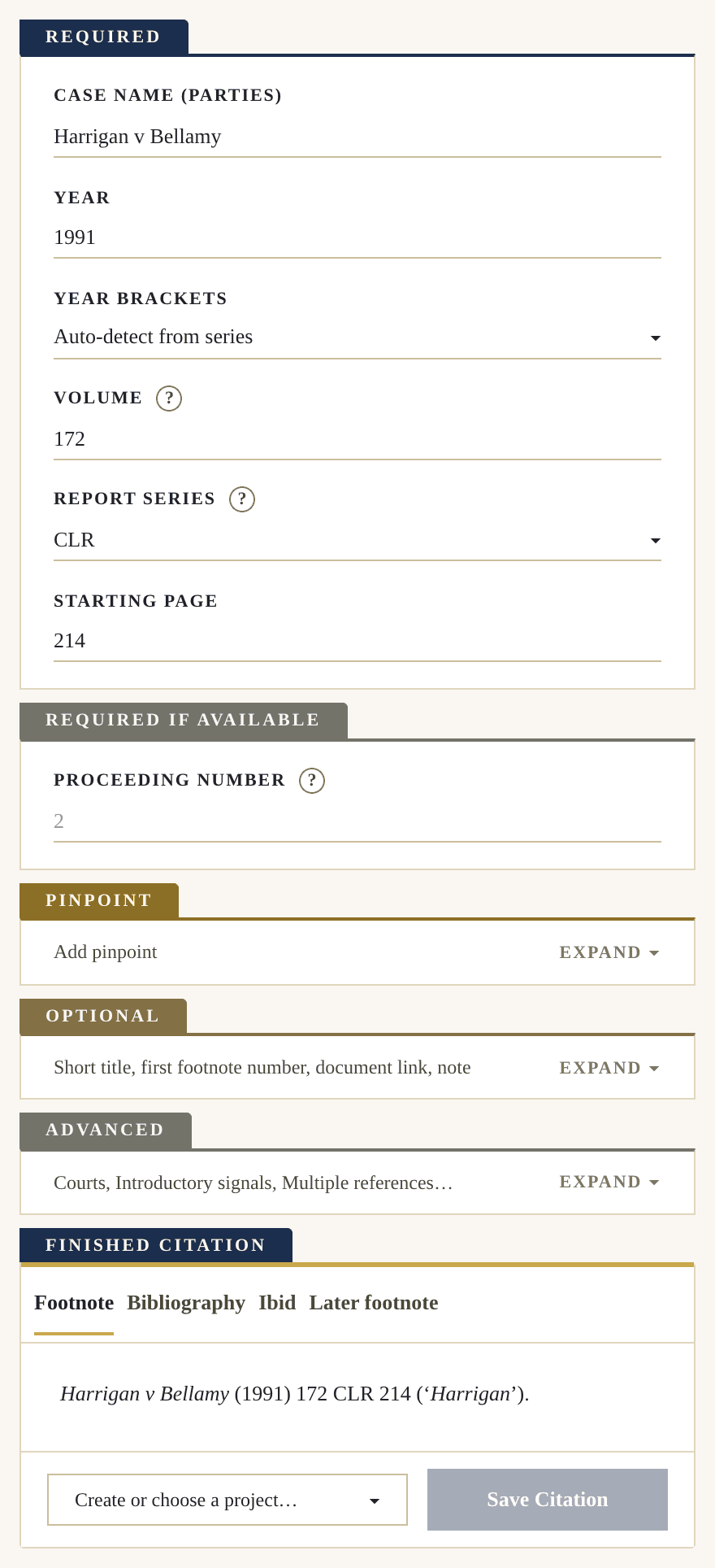 The whole Pincite generator for a reported case: the Required plate filled in, then the Pinpoint, Optional and Advanced plates, and at the foot the finished citation with its Footnote, Bibliography, Ibid and Later footnote tabs.