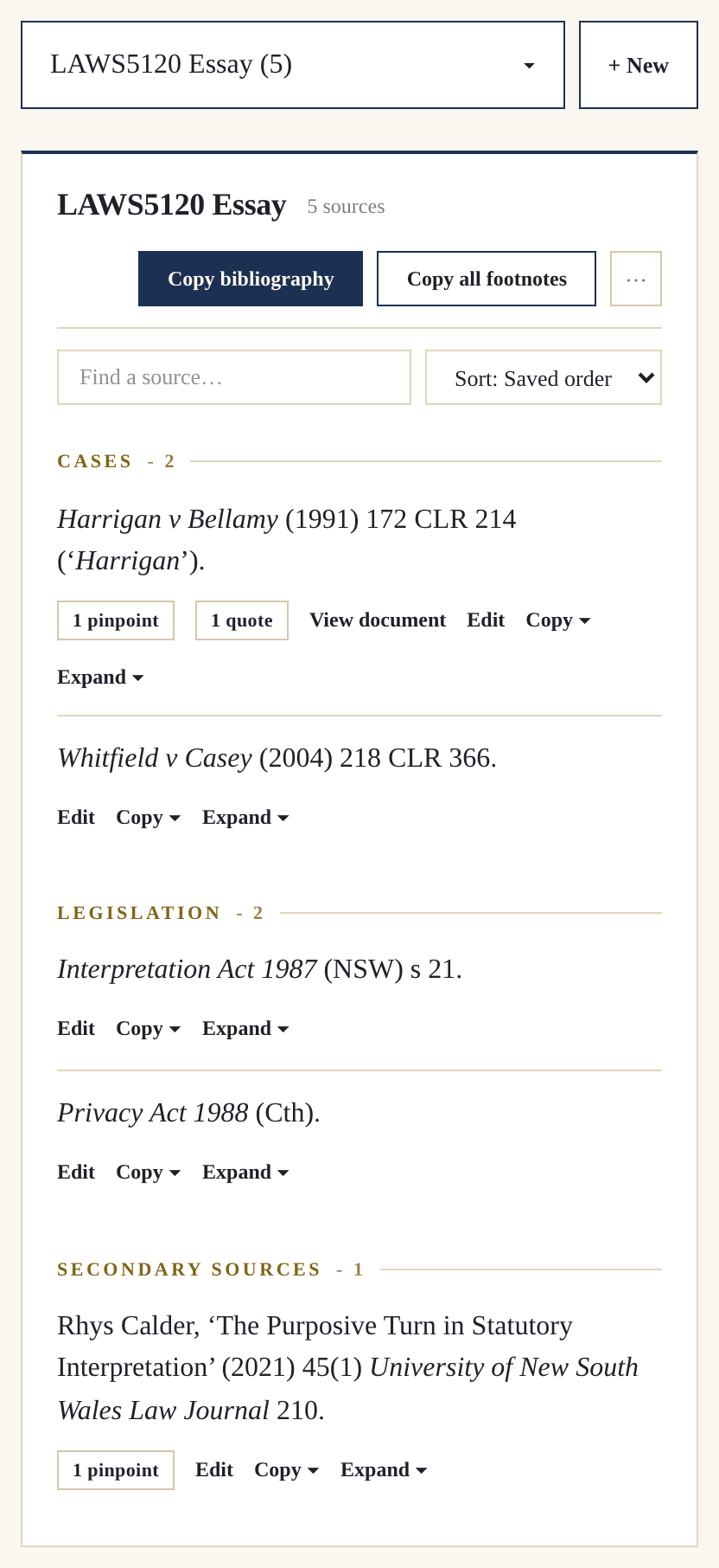 The Pincite projects page: an essay's saved sources grouped under Cases, Legislation and Secondary Sources, with a Copy bibliography button at the top of the project.