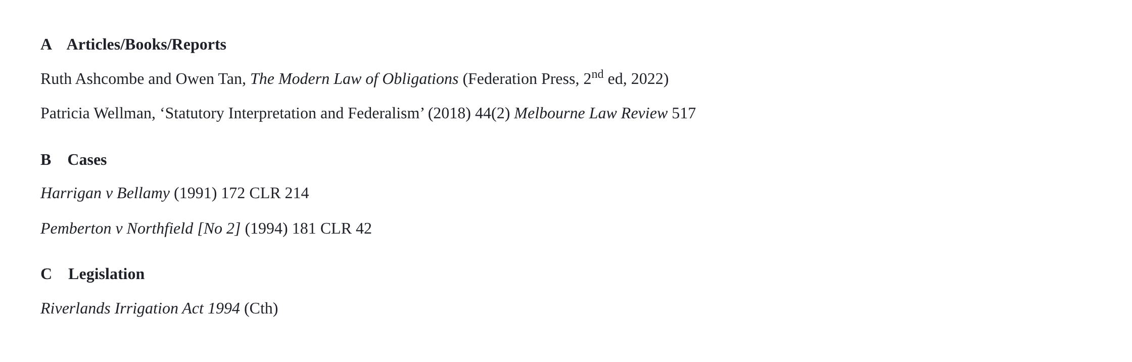 A Pincite bibliography with bold section headings — A Articles/Books/Reports, B Cases, C Legislation — and every entry alphabetised, flush left, in bibliography form.