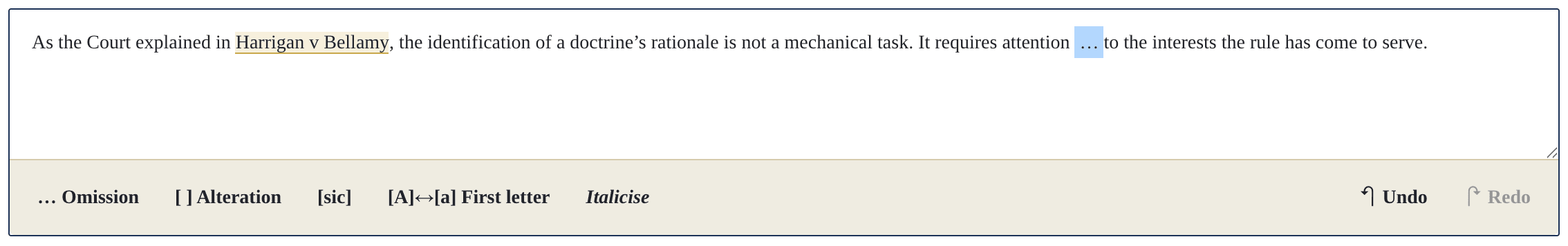 The Pincite quotations editor — a passage with an italicised case name and a marked omission, above the Omission, Alteration, [sic], First letter and Italicise tools.