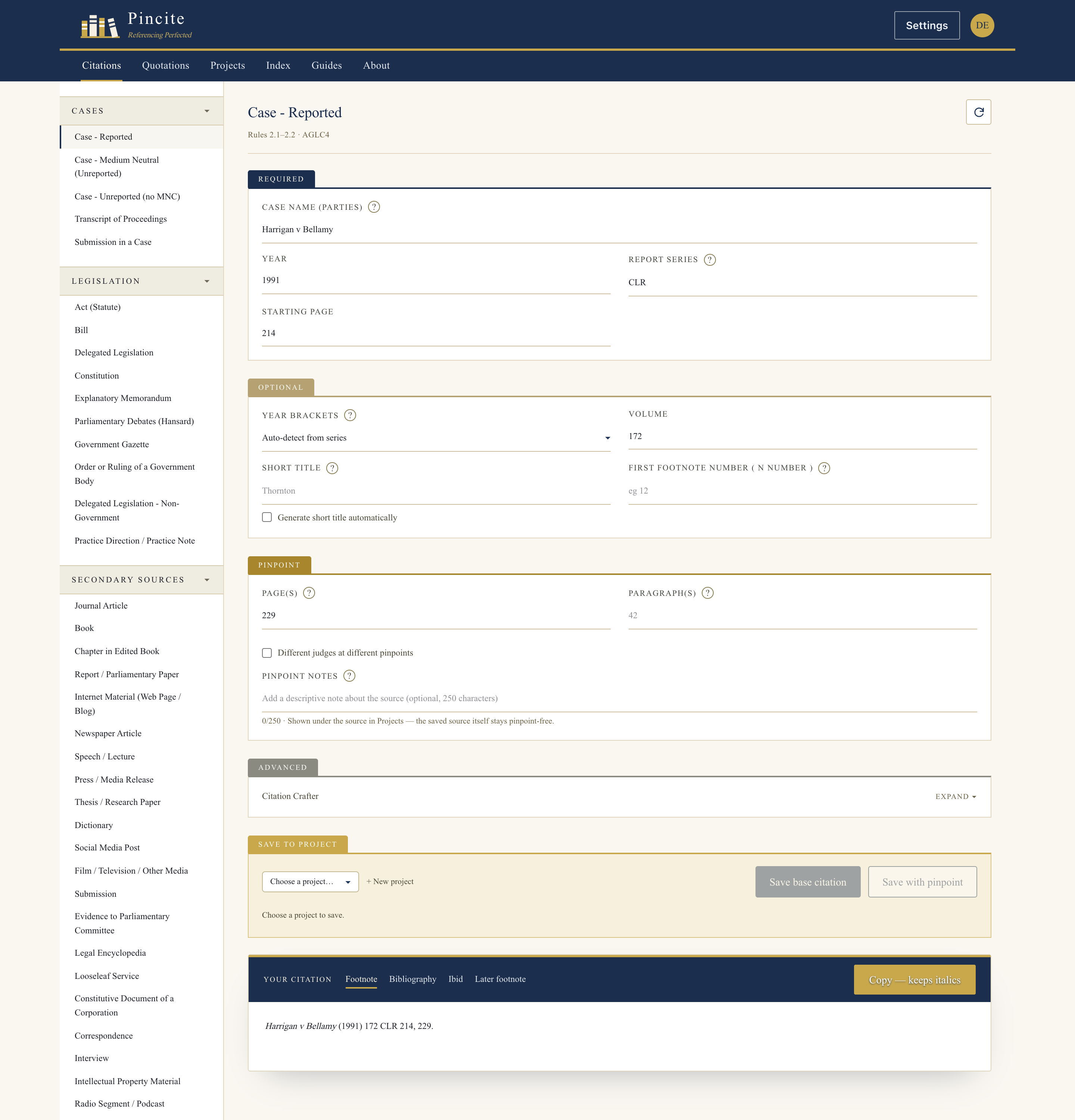 The Pincite Citations tab — a Case – Reported citation (Harrigan v Bellamy) filled in, with the pinpoint and the built footnote in the Your Citation card.